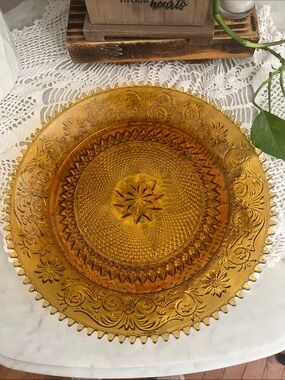 Indiana Glass Amber Glass Charger in Sandwich Pattern with Sawtooth Rim 12”